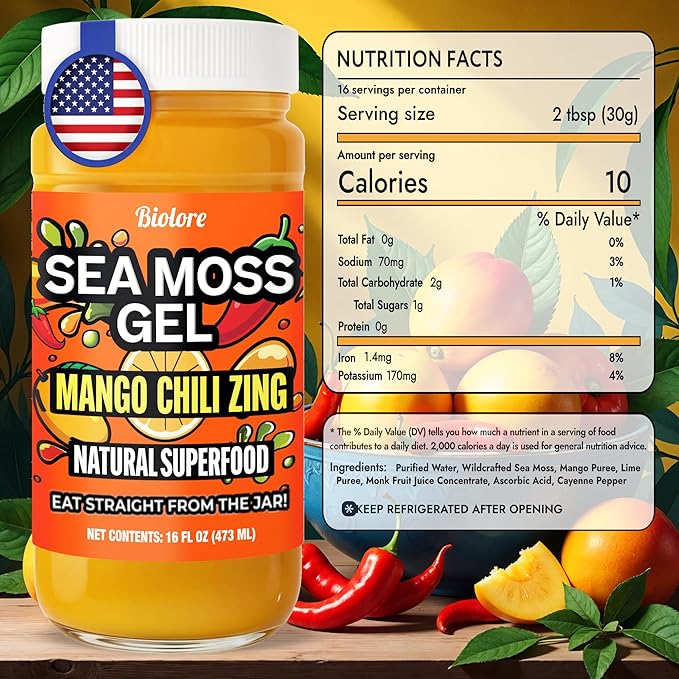 Biolore Mango Chili Zing Sea Moss Gel 16 oz - No Added Sugar Vegan Made in USA - Wildcrafted Sea Moss Superfood with 92 Essential Vitamins - Ready to Use No Prep Needed