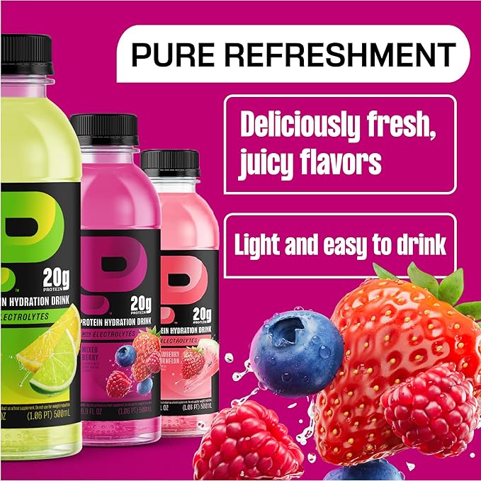 Protein2o Hydration Drink - 2-in-1 Liquid Clear Whey Protein Isolate and Electrolyte Drink - 20g Protein Vitamins B5 B6 - Post-Workout Recovery - 16.9 Fl Oz - 12 Count Mixed Berry