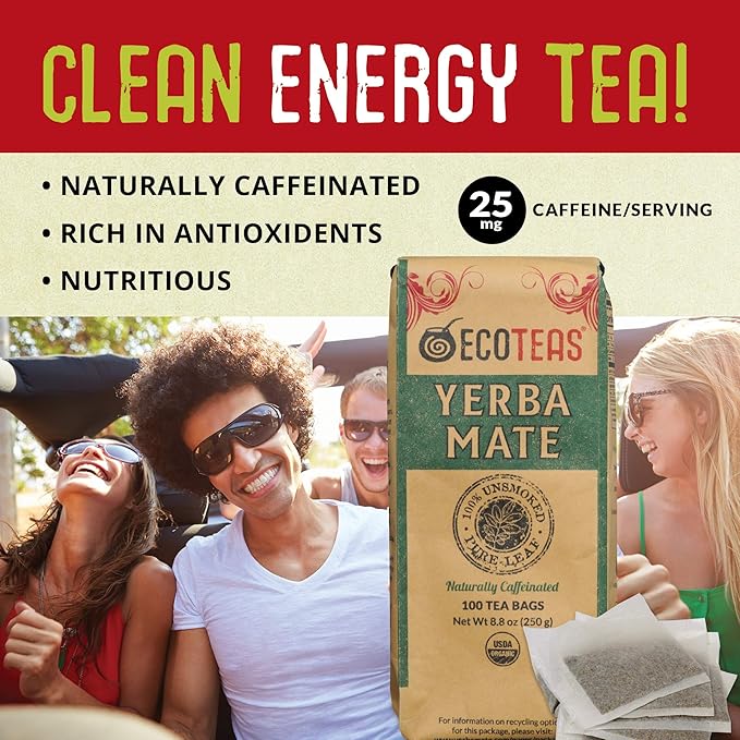 ECOTEAS Premium Organic Yerba Mate Tea Bags – Natural Energy &amp Detox Herbal Tea – Coffee Alternative - Kosher Non-GMO Gluten-Free - 100 Unsmoked Bulk Bags 8.8 oz (Pack of 1)