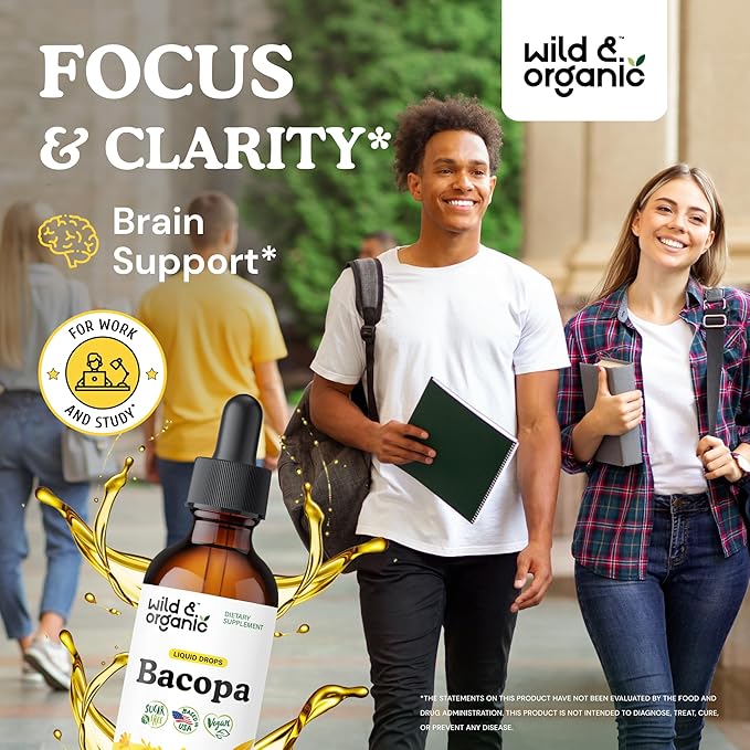 Wild &amp Organic Bacopa Tincture - Supports Calm Focus Clarity - Bacopa Monnieri Supplement Liquid - Alcohol-Free Drops with Brahmi Extract - Vegan Sugar-Free - 2-Month Supply - 2 fl oz