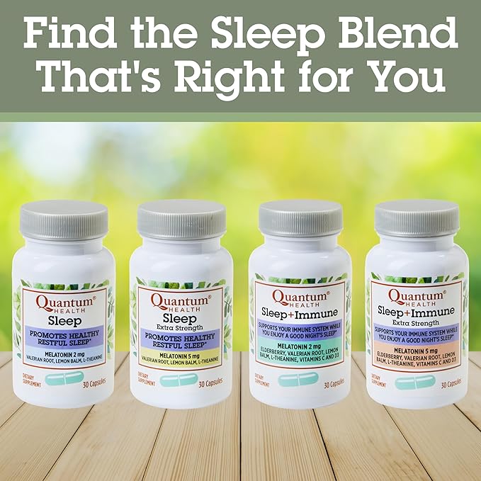 Quantum Health Extra Strength Sleep Melatonin 5mg Healthy Restful Sleep Support with Relaxing Valerian Root &amp L Theanine Daily Mind &amp Body Well Being for Women &amp Men - 30 Capsules
