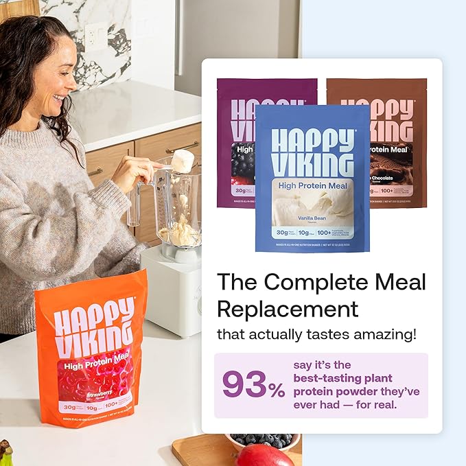 Happy Viking Plant-Based Protein Powder +100 Superfoods Strawberry Meal Replacement Shake Created by Venus Williams 30g Plant Protein 10g Fiber Vegan Gluten-Free Non-GMO15 Meals