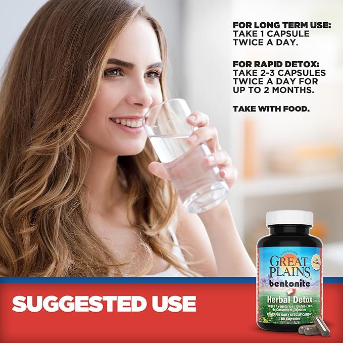 Yerba Prima Bentonite Clay Plus Herbal Detox 100 Veg Capsules - Food Grade Clay from The Great Plains USA - Colon &amp Liver Cleanse Supplement with Calcium Clay