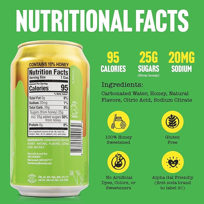 Yes Honey Soda Sweet Apple 11oz (12-Cans) Alpha Gal Friendly 100% Honey-Sweetened Healthy Soda Gluten Free Caffeine Free No Added Sugar