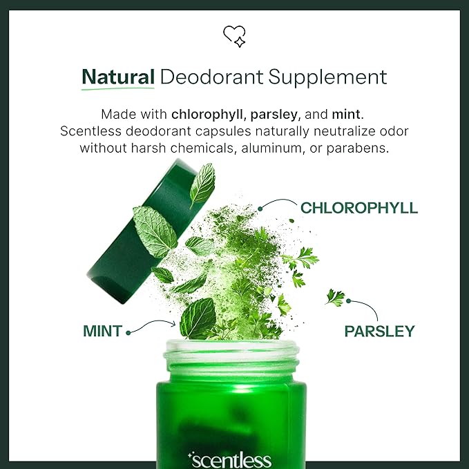 Scentless Internal Deodorant – Mint Parsley &amp Chlorophyll Capsules for Body Odor – Aluminum-Free Body Deodorizing Supplement – Odor Control Natural Deodorant – Body Deodorizing Capsules – 30 Coun