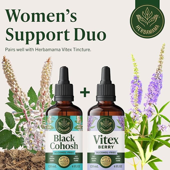 HERBAMAMA Black Cohosh Tincture - Vegan Women's Support with Black Cohosh Root Extract Drops - Non-GMO Alcohol &amp Sugar-Free Liquid Herbal Supplement 168-Day Supply
