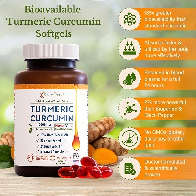 A1Vitality NovaSOL Turmeric Curcumin 1000mg – Clinically Proven 185x Higher Absorption – Promotes Joint Comfort Mobility &amp Overall Wellness – Non-GMO Doctor Formulated 60 Softgels.