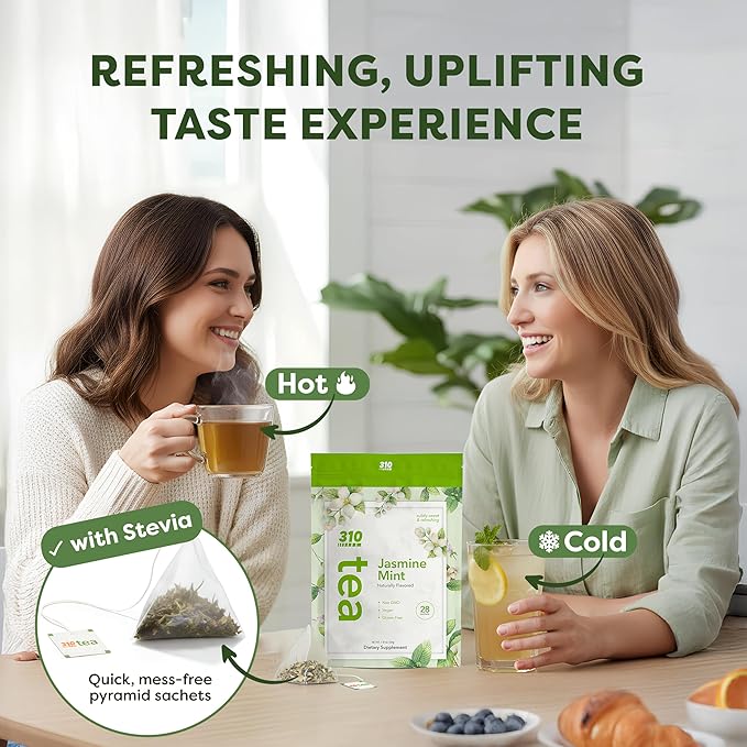 310 Nutrition Jasmine Mint Tea – Herbal Tea with Yerba Mate Oolong Green Tea Blend Peppermint Leaf Rooibos Guarana &amp Ginger – Sugar-Free Flavored Jasmine Tea Bags – Smooth Mint Green Tea – 28