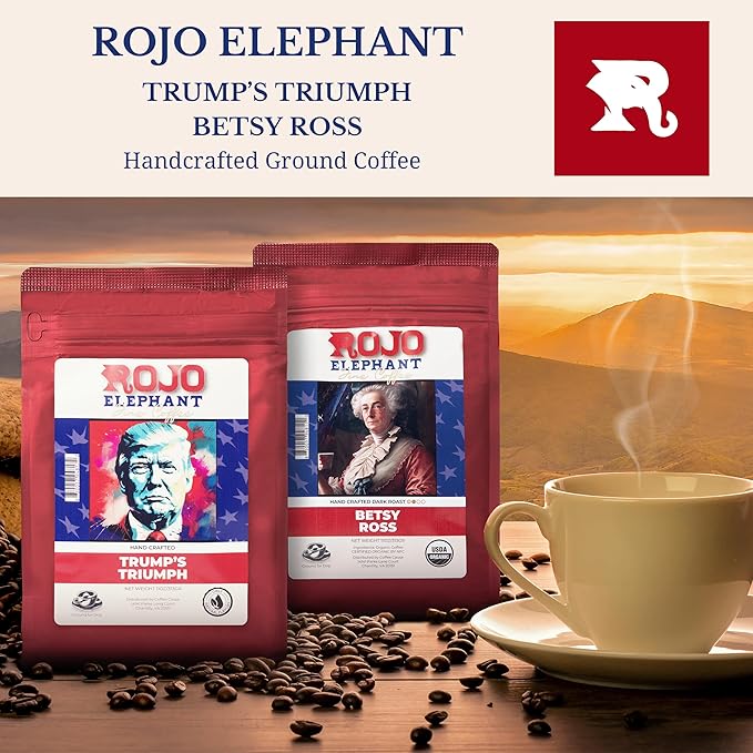 Rojo Elephant Handcrafted Ground Coffee 100% Arabica Beans 11 0z Bags Pack of 2 Trump's Triumph Betsy Ross Classic Duo