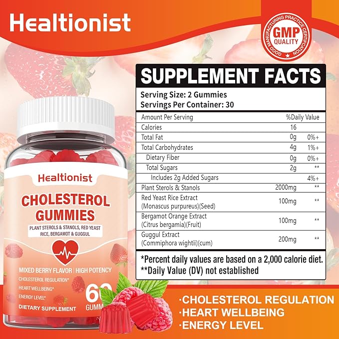 2 Packs Cholesterol Supplements with 2000 Mg Plant Sterols &amp Stanols Citrus Bergamot Red Yeast Rice Lowering Mixed Berry Flavor 120 Counts