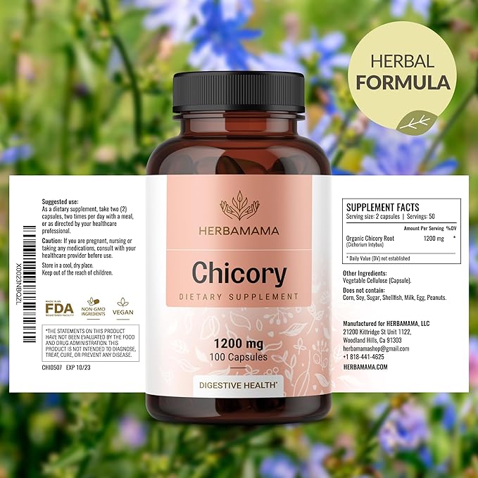 HERBAMAMA Chicory Root Fiber Capsules - 1200mg Chicory Root Powder for Gut Cleanse &amp Digestive Support - Vegan Non-GMO Inulin Prebiotic Fiber Supplement