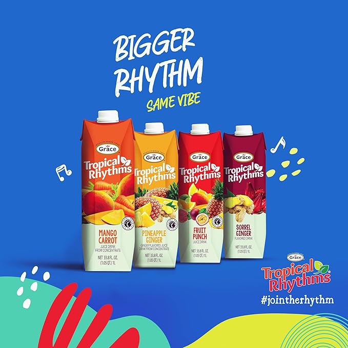 Grace Tropical Rhythms Sorrel Ginger Jamaican Fruit Juice 1 Liter (33.8oz) - 3 Cartons - Authentic Jamaican Ginger Juice Pure Drink