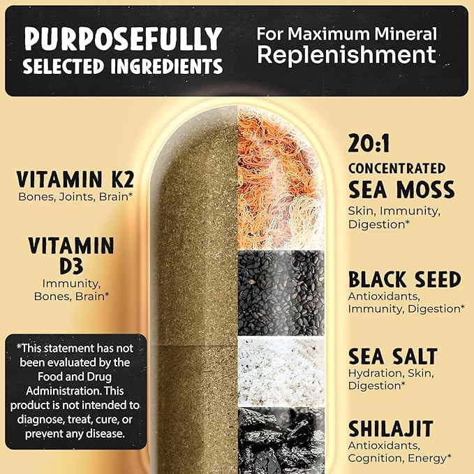 Maju Superfoods 18-in-1 Sea Moss Black Seed Shilajit Sea Salt + D3 &amp K2 Concentrated Extracts Trace Multi Mineral Capsules for Men &amp Women Mineral Electrolytes Supplements