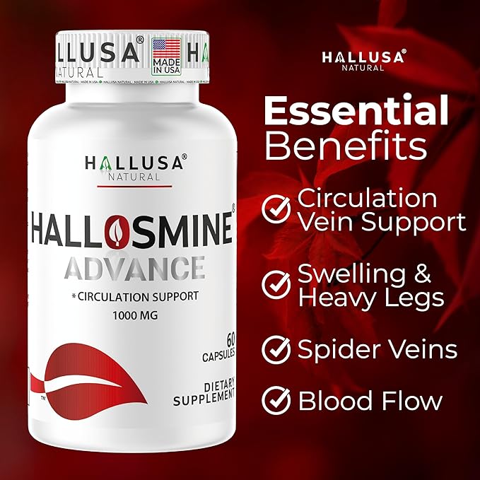 Hallosmine Advance 1000mg Diosmin Capsules – Max Strength Circulation &amp Vein Support Supplement Vascular Health Visible Veins Spider Veins Blood Flow Swelling &amp Heavy Legs 60 Count