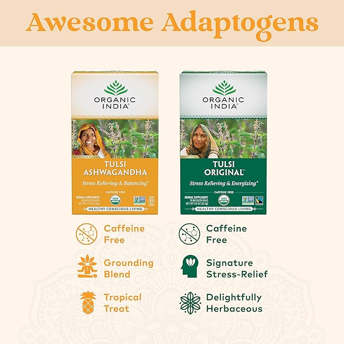 ORGANIC INDIA Calming Tulsi Ashwagandha Herbal Tea - Holy Basil Tea with Ashwagandha Root Supports Restful Sleep - Adaptogen Vegan USDA Certified Organic Non-GMO - 18 Infusion Bags 3 Pack