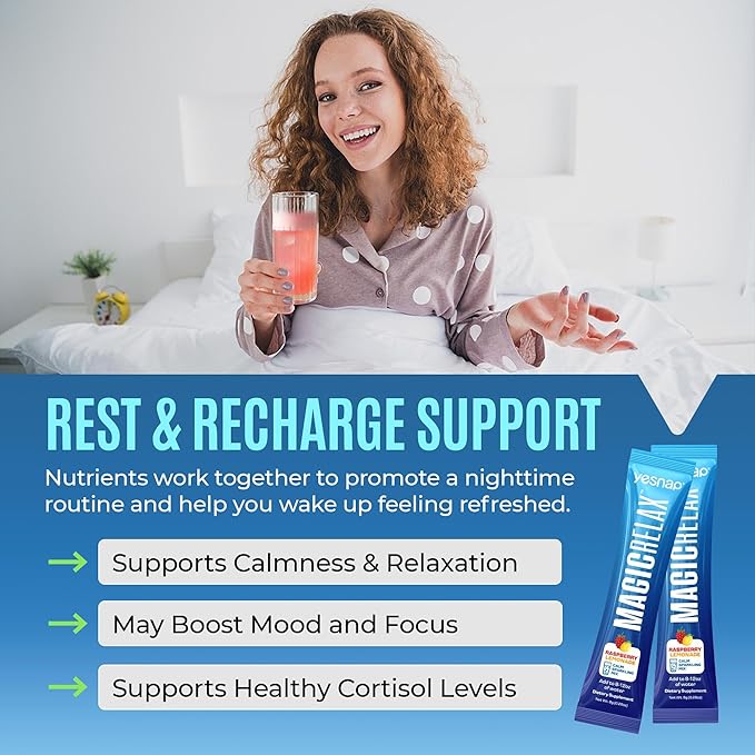 MAGICRELAX Calming Sparking Mix 8-in-1 Magnesium KSM-66 Ashwagandha Saffron Vitamin D3 GABA L-Theanine Supports Healthy Cortisol LevelsMood and Sleep No Sugar Non GMO Raspberry Lemonade Flavor