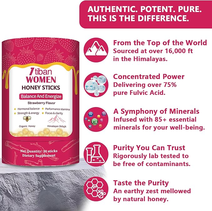 Shilajit Honey Sticks – 75%+ Fulvic Acid 85+ Trace Minerals | Natural Energy &amp Immunity Booster | Easy Single-Strawberry Use 30 Packets (Strawberry)