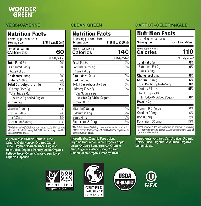 Wonder Green 100% Organic Cold Pressed Juice Variety Pack  8.45 oz (6 Pack) | 2 Veg8 + Cayenne 2 Clean Green 2 Carrot Celery Kale | Vegetable Juice Blend All Natural No Additives or Preservativ