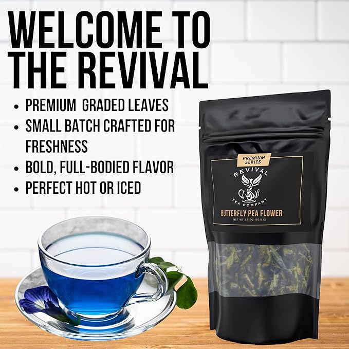 Revival Tea Company - Butterfly Pea Flower Herbal Tea Flavor - Caffeine Free | Loose Leaf 2 Ounces | 50 Servings