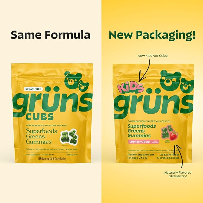 Gruns Multivitamin for Kids Super Greens Gummies Superfood Gummy Bears with 20+ Vitamins &amp Minerals Spirulina Chlorella Alfalfa Prebiotics Fiber for Digestive Health Adaptogens Supplement