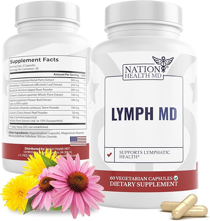 Lymph MD - Lymphatic Drainage Supplement - with Bromelain Echinacea Burdock Root Dandelion Rutin Kelp &amp More - Lymph System Support for Women &amp Men - 60 Capsules