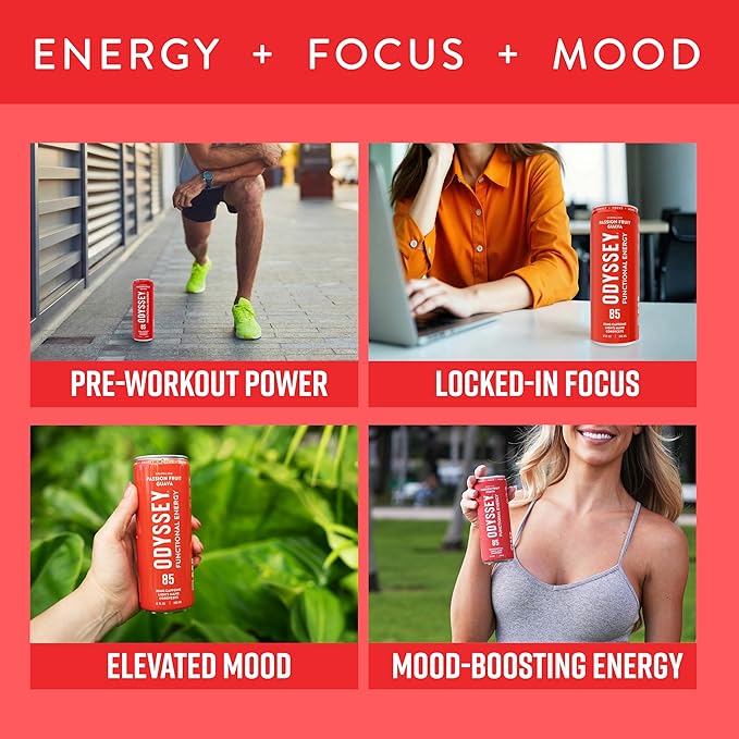 Odyssey Functional Energy Drink for Focus Cognition &amp Mood Support 12 Pack - Adaptogenic Drink with 85mg Green Tea Caffeine Lion’s Mane Cordyceps L-Theanine &amp Ginseng Passion Fruit Orange