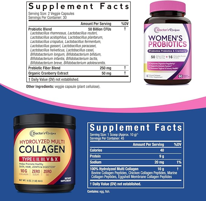 Doctor's Recipes Women’s Probiotics &amp Multi Collagen Powder Bundle Value Pack for Vaginal Skin Hair Nail Health No Gluten Pro (60 Capsules) &amp Collagen (45 Servings)