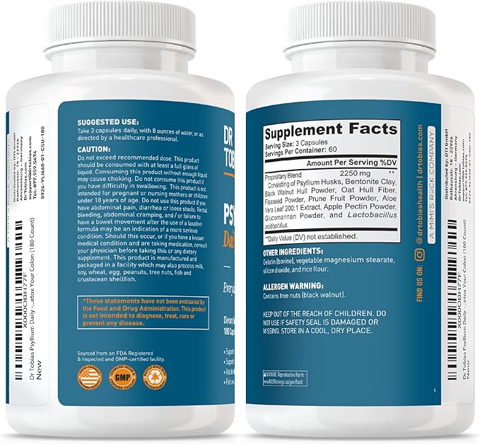 Dr. Tobias Psyllium Daily Supports Healthy Bowel Movement Psyllium Husk Capsules with Bentonite Clay Flaxseed &amp Natural Ingredients Daily Fiber Supplement in Support of Colon Health 180 Capsu