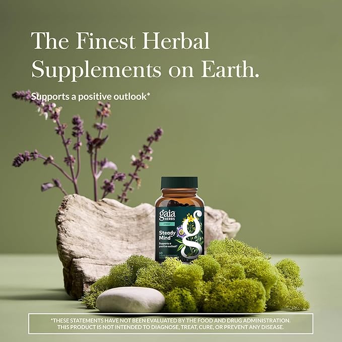 Gaia Herbs Steady Mind - Supplement Support with Herbs Traditionally Used for Stress Relief* - with St. John's Wort Passionflower Vervain &amp Oats - 60 Vegan Liquid Phyto-Capsules (60 Servings)