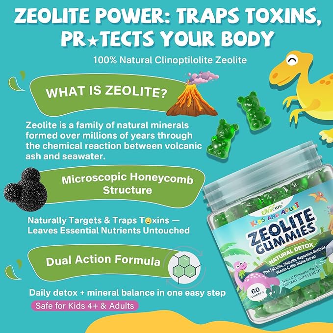 Zeolite Detox for kids &amp Adult-Sugar Free Zeolite Detox Gummies with Spirulina Chlorella Milk Thistle Magnesium Glycinate Calcium Citrate for Energy Focus Digestive Immune Antioxidant - 12