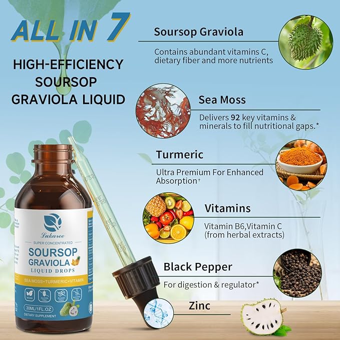 (2 Pack) Soursop Graviola Leaf Extract Liquid Drop Plus Pure Botanical Sea Moss for Cell Support &amp Regeneration Immunity and Gut Health Soursop Bitters Liquid丨Full TexturePineapple Flavor1 Fl
