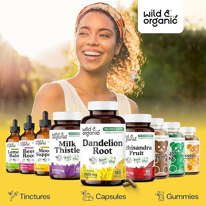Wild &amp Organic Dandelion Root Capsules - Liver Supplement - 2000 mg of Fresh Dandelion Root Powder per Capsule - 180 Vegan Capsules - 6 Month Supply - No Fillers Non-GMO