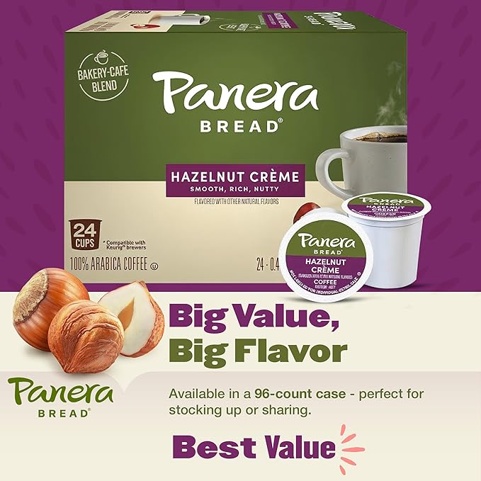 Panera Bread Hazelnut Crème Light Roast Coffee - Cafe-Quality Cup Pods Smooth Buttery Flavor 100% Arabica No Artificial Ingredients 96 Single Serve Pods (4 Packs of 24)