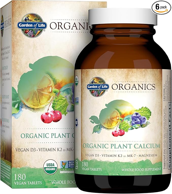 Garden of Life Calcium Supplement with Magnesium &amp Organic Vitamin D3 K2 Made from Whole Foods Gluten-Free 180 Count (Pack of 6)
