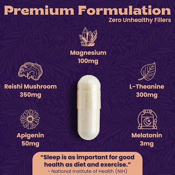 Natural Sleep Aid with Magnesium Glycinate Reishi Mushroom Extract L-Theanine Apigenin and Melatonin - Sleep Supplement for Adults Seeking Deep Rest - 60 Capsules Made in The USA