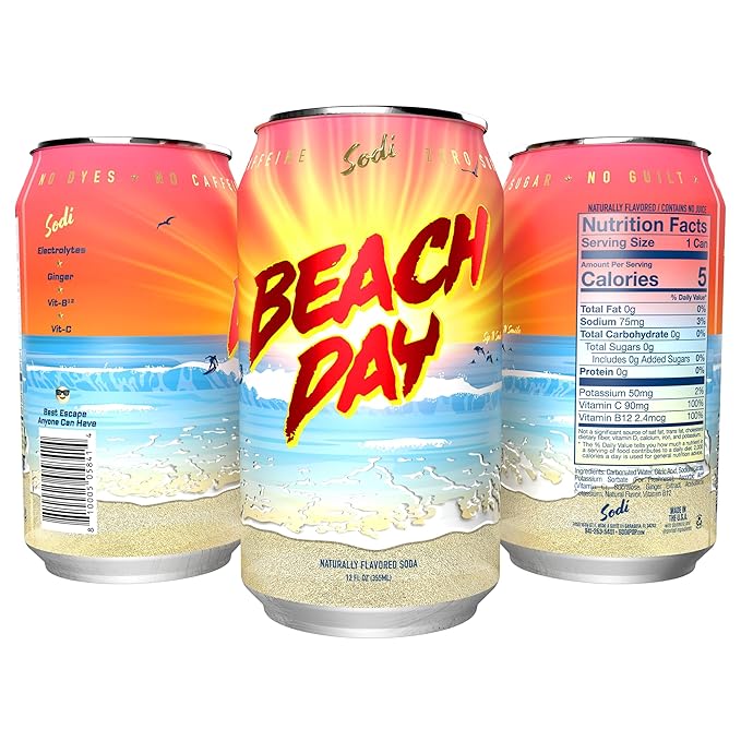 Sodi | Better For You Sparkling Soda Pop | Beach Day | Zero Sugar | Zero Caffeine | Zero Colors or Dyes | Gluten Free | Naturally Flavored | 12fl oz Pack of 12