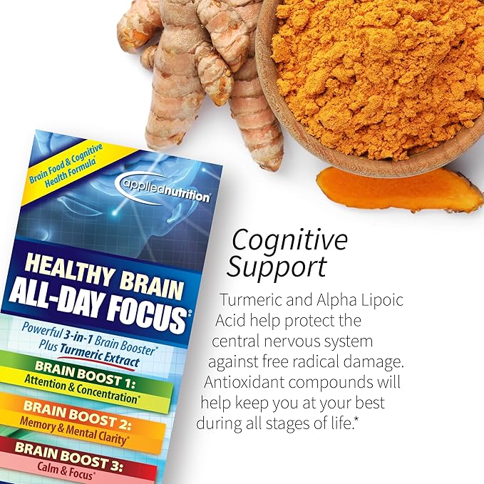 Applied Nutrition Healthy Brain All-Day Focus - 50 Tablets Pack of 2 - Powerful 3-in-1 Brain Booster with Turmeric Extract - 50 Total Servings