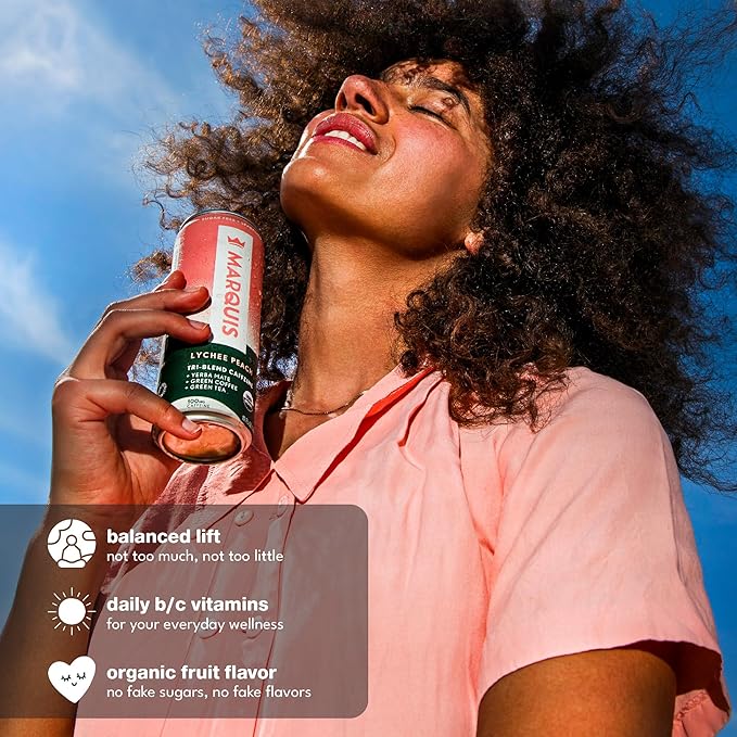 Marquis Natural Energy Drinks Sugar Free Zero Calories 100mg Organic Plant Based Caffeine Yerba Mate Green Tea &amp Green Coffee - Vitamin C &amp Bs - Lychee Peach Healthy Energy Drink - 12oz Cans
