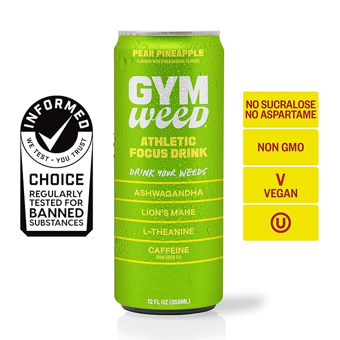 GYM WEED Athletic Focus Drink with KSM-66 Ashwagandha Lion's Mane Mushroom L-Theanine 200mg Green Tea Caffeine with Natural Sweeteners Variety Pack of flavors 12 Pack
