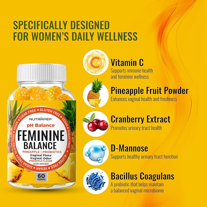 Feminine Balance Probiotics Gummies for Women - Vaginal Health &amp Women's pH Balance Natural Gummy Supplement with Cranberry Pineapple Powder - Sugar Free Gluten Free Vegan