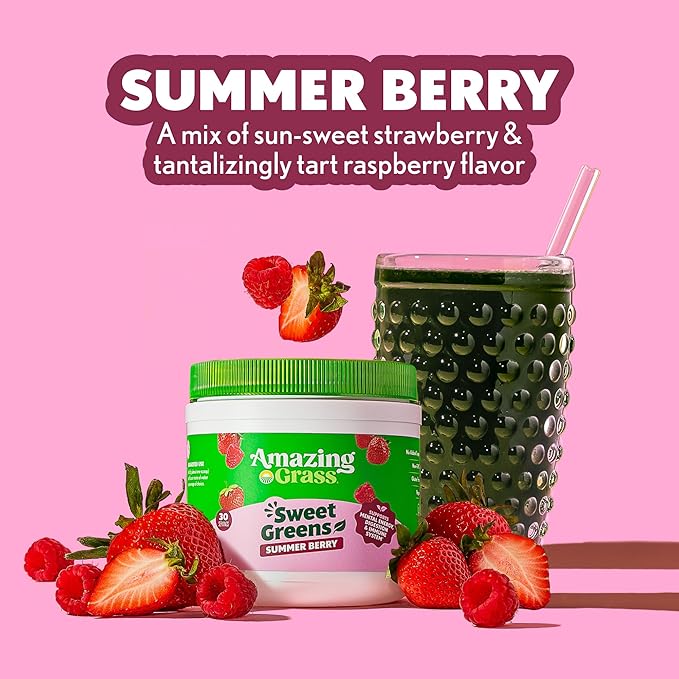 Amazing Grass Sweet Greens and Superfoods Powder for Digestive Health Greens Powder Digestive Enzymes Probiotics Spirulina Chlorella Summer Berry 30 Servings