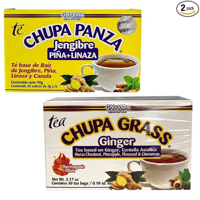 2 Pack Improved Formula Tea CHUPA GRASS &amp PANZA - Tea Based Ginger Gotu Kola &amp Cinammon Pineapple Jengibre (30 Tea Bags/0.10 oz Each)