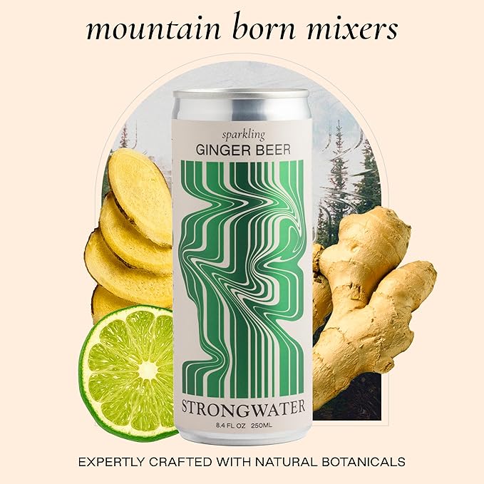 Strongwater Sparkling Ginger Beer - 12 Pack Cans (8.4 Fl Oz Each) - Premium Craft Cocktail Mixer Made with Filtered Rocky Mountain Water &amp Ginger Root - Real Cane Sugar No Artificial Flavors