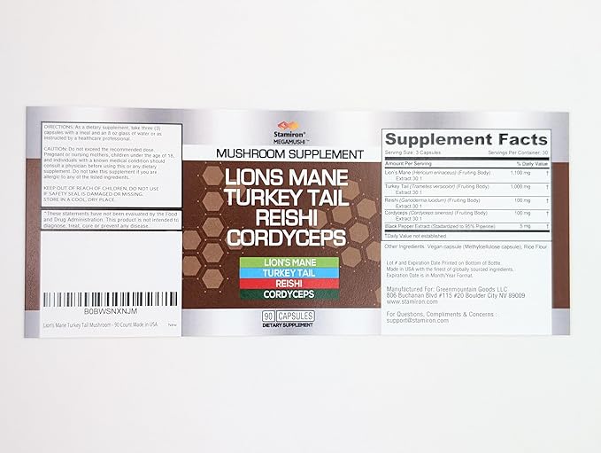 Stamiron Lions Mane Supplement Turkey Tail Mushroom Capsules with Cordyceps Extract &amp Reishi Mushrooms - Alt to Mushroom Gummies Mushroom Powder Mushroom Coffee - 90 Count