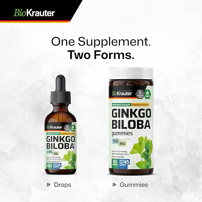 BIO KRAUTER® Ginkgo Biloba for Brain Support - Pure Vegan Ginkgo Biloba Supplement 670 mg - Supports Calm Focus &amp Memory - Alcohol &amp Sugar Free 2 Fl.Oz 28-Day Supply Liquid Drops for Brain