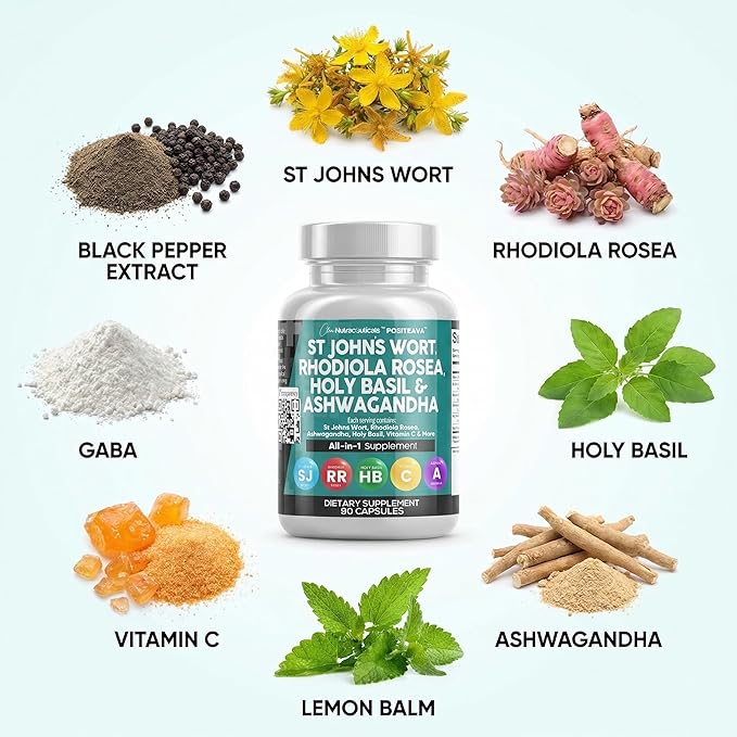 Clean Nutraceuticals St Johns Wort Rhodiola Rosea Holy Basil Ashwagandha - Mood Support for Women and Men with Vitamin C &amp Black Pepper Extract - 90 Caps