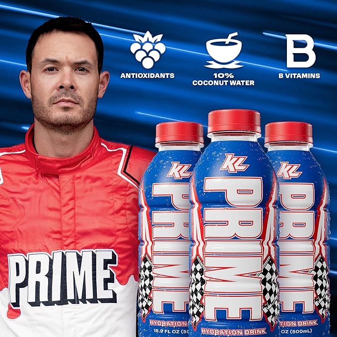 PRIME Hydration Kyle Larson Sports Drinks Electrolyte Enhanced for Replenishing Fluids 250mg BCAAs B Vitamins Antioxidants Low Sugar 16.9 Fl Oz 12 Pack