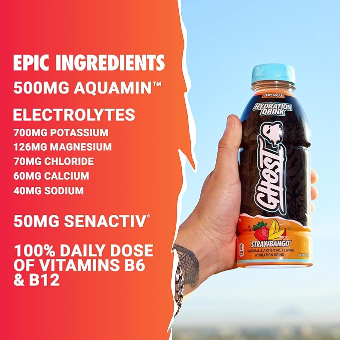 GHOST Hydration Drink Strawbango - RTD Sports Drink with Electrolytes Natural Vitamins &amp Minerals - All Day Lifestyle Hydration Beverage - Zero Caffeine &amp Zero Sugars - 16.9 Fl Oz 12 Pack