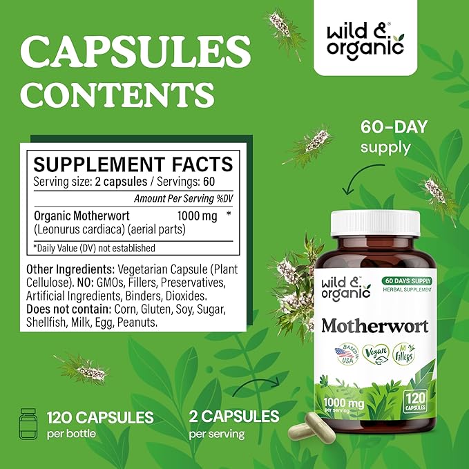 Wild &amp Organic Motherwort Capsules 1000 mg - Calmness &amp Women's Support - Natural Motherwort Supplement - 60 Days of Supply - 120 Vegan Herb Capsules - Non-GMO Gluten-Free No Additives