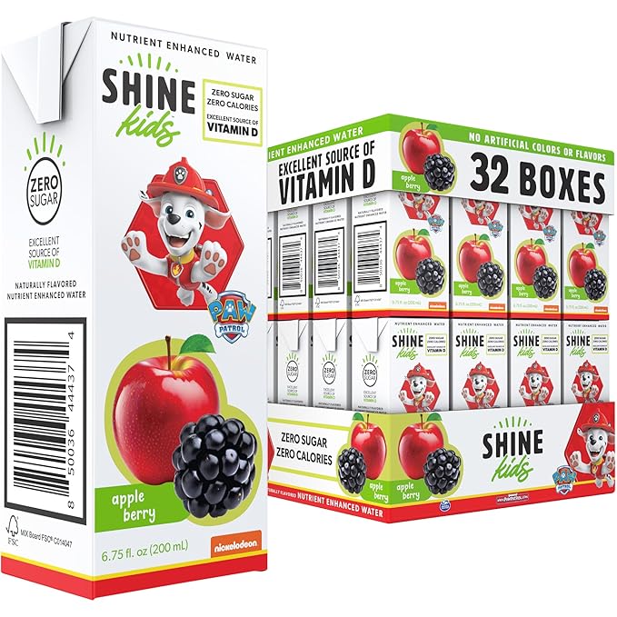 Shine Water x Paw Patrol Apple Berry Juice Boxes with Vitamin D 32-Pack | No Added Sugar | Naturally Flavored Drinks for Kids | Vegan Gluten Free Zero Calorie Hydration